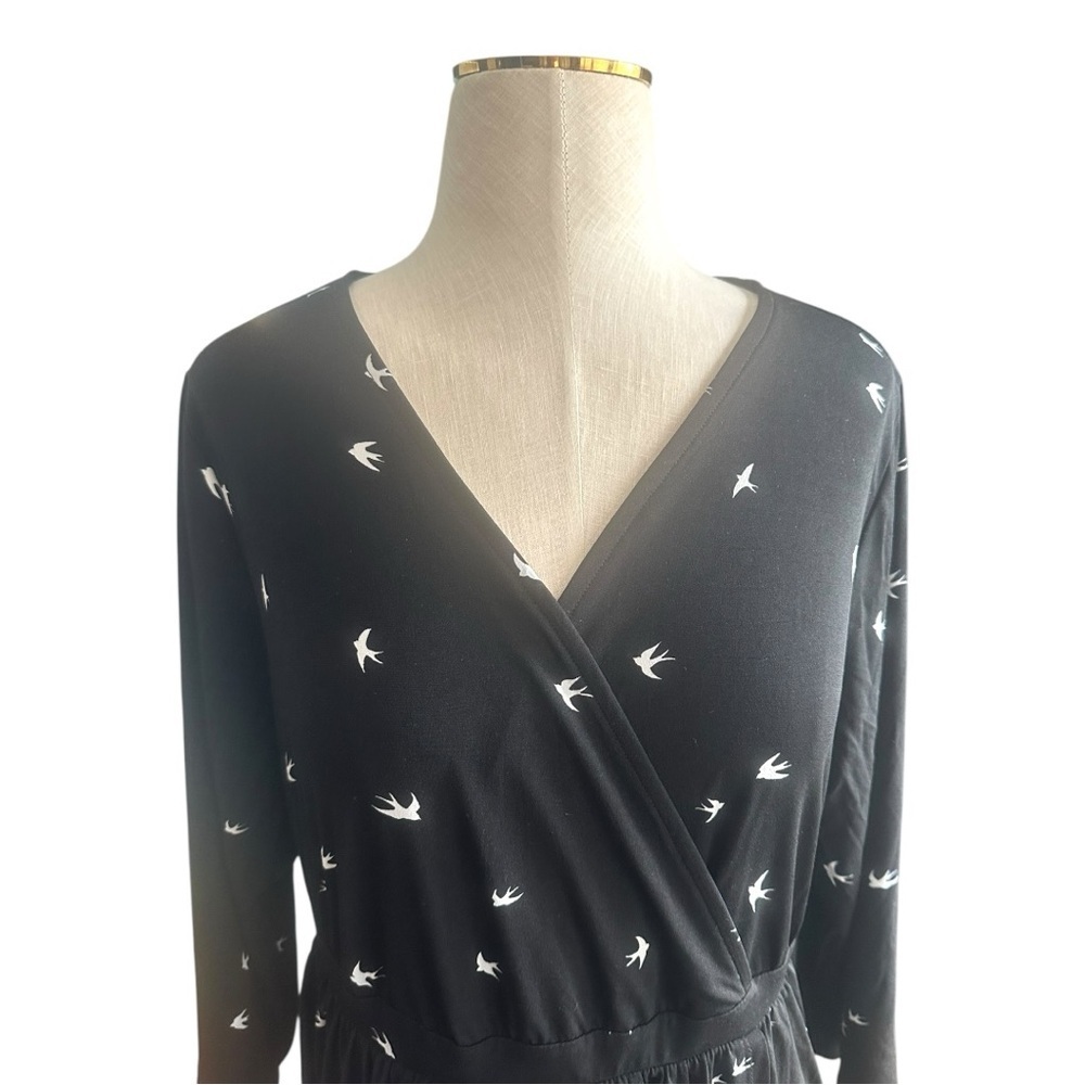 Torrid Black Bird Print Faux Wrap Dress Long Sleeve Flowy Size 0